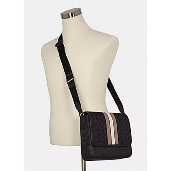 COACH NWT Thompson Crossbody Bag Jacquard Varsity Stripe Black Leather Snap - Picture 5 of 12